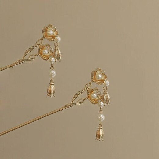 Merou Lily of the Valley Imitation Pearl Hairpin High-end Hanfu Hair Accessories Hanfu Cheongsam Accessories Ancient Style Updo Hairpin Lily of the Valley Pearl Hairpin-Gold