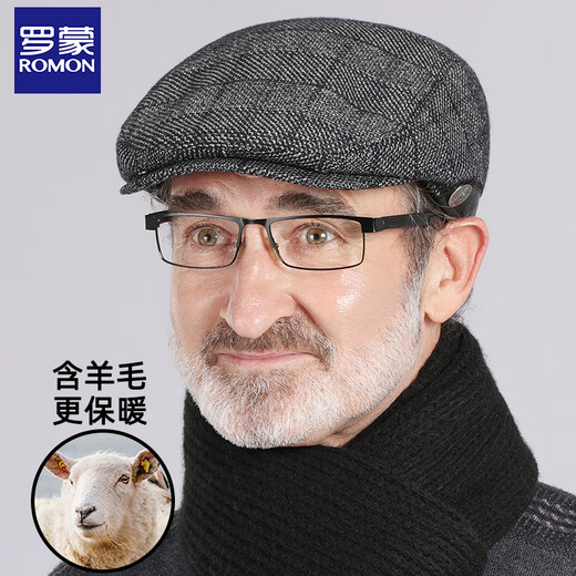Romon wool hat men's winter plaid ear protection duck tongue forward hat for dad and elders large size windproof and cold protection thickened