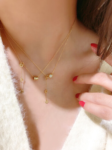Golden branch Korean popular Korean 14K gold necklace women's personalized three-dimensional cylindrical pendant adjustable neck chain clavicle chain women's glossy pendant necklace