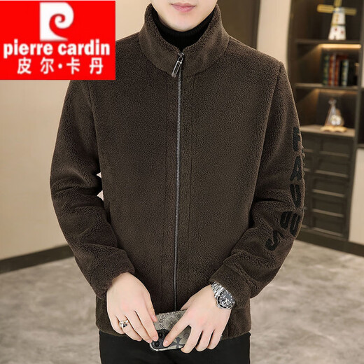Pierre Cardin fur one-piece shearling jacket men's lamb velvet jacket thickened winter earth color zipper stand collar lamb wool 3XL 185 (145-165Jin Jin equals 0.5 kg)