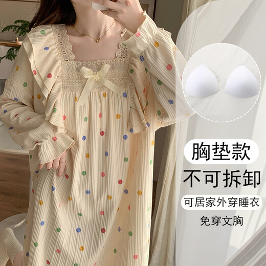 Nanbowan 2024 new spring and autumn long-sleeved polka dot women's nightgown with chest pad integrated large size pajamas pregnant women's home clothes 16857 without chest pad M (recommended weight 80-100 Jin [Jin equals 0.5 kg])