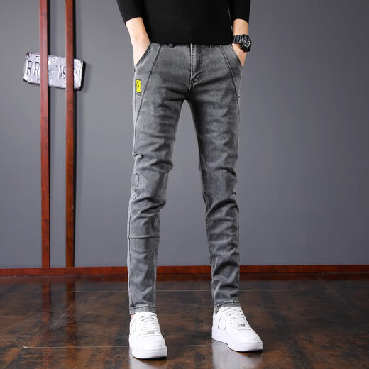 Woodpecker Jeans Men's Autumn and Winter New Slim Fit Stretch Small Leg Pants Men's Velvet Warm Casual Straight Long Pants Men 8913 Regular Style 32 (Recommended 125-150 Jin Jin equals 0.5 kg)