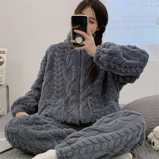 加绒睡衣女秋冬保暖加厚珊瑚绒家居服开衫拉链简约纯色法兰绒套装 HS983米白提花拉链 M