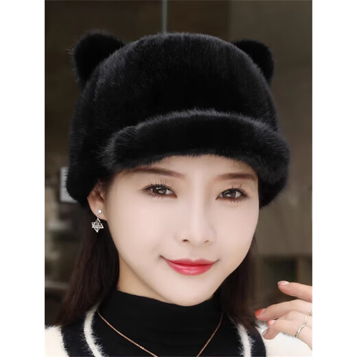 Jingya ladies mink hat mink fur hat young style fur hat winter warmth thickened peaked cap knight hat ear protection hat black small brim S (54-56) adjustable scarf