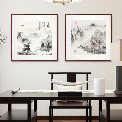 Original beauty ink landscape painting Zen hanging painting study tea room decoration painting new Chinese style living room wall painting landscape mural entrance hall D with frame size 40*40cm mahogany color frame