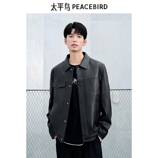 PEACEBIRD Men's Genuine Leather Jacket Topstitched Lapel Jacket Retro Casual Jacket B1BDE4F01 Black 1 L