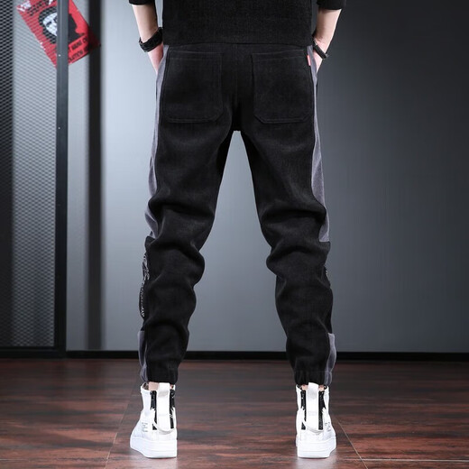 Cotton quality men's spring and autumn casual pants for men's loose large size Harren men's pants sports versatile long pants black regular S size (90-110Jin[Jin equals 0.5 kg])