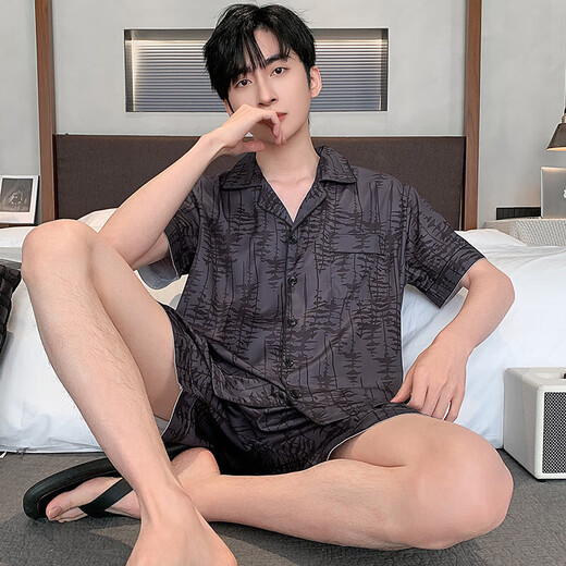 Langsha Ice Silk Pajamas Men's Summer Summer Short à manches minces Imitation de soie Home Vêtements Men d'âge moyen et jeune Suit en soie d'été LQY6624 XL 170-175CM / 130-150JIN [Jin est égal à 0,5 kg]