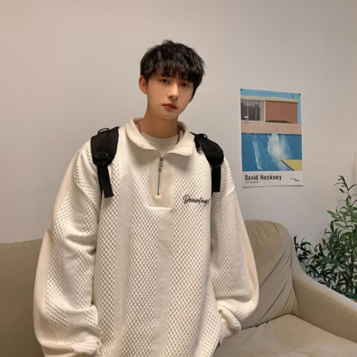 ZHIDOUDOUPOU卫衣男春秋季Polo衫美式高街学院风立领半拉链宽松高领运动外 jcf-679白色 均码 m