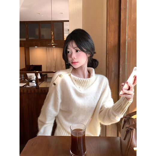 Cantu Korean style lazy half turtleneck sweater women's spring and autumn small loose slim sweater casual tops for women white one size