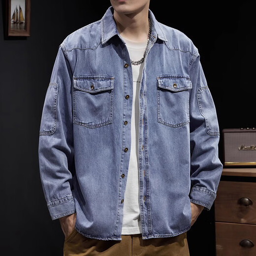 Canelin Kiskha denim shirt men's autumn outdoor heavy work jacket spring and autumn American blue wear-resistant long-sleeved shirt trend Z757 blue + Z723 black M