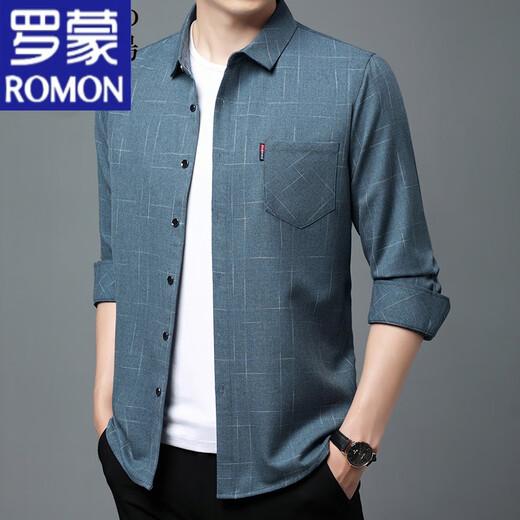 罗蒙（ROMON）纯棉长袖衬衫男春秋款真口袋中年男装格子宽松大码衬衣男 长袖薄款6626兰色 180/2XL建议145-160斤