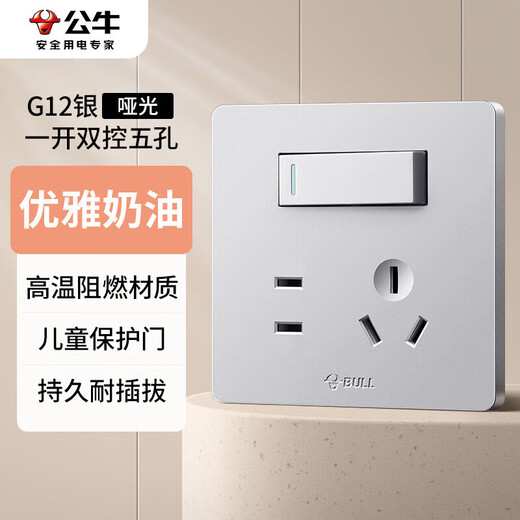 Bull (Bull) Switch Socket G12 Serie One-Open Dual Control Fünf-Loch-Sockel 86 Typ Panel G12E334S cremiger Windraum Silber