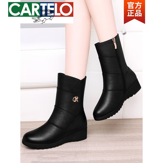 卡帝乐鳄鱼（CARTELO）头层牛皮中筒靴女靴2023年新款真皮软底短靴秋冬加绒中年妈妈马靴 GQ 9716 黑色 加绒 4.5厘米 34