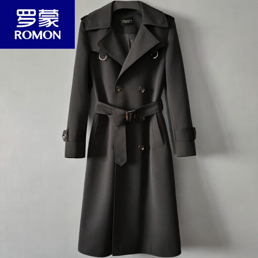 ROMON knee-length windbreaker men's European station 2026 spring and autumn new style handsome double row large size loose extra long coat trendy 1191 black 2XL