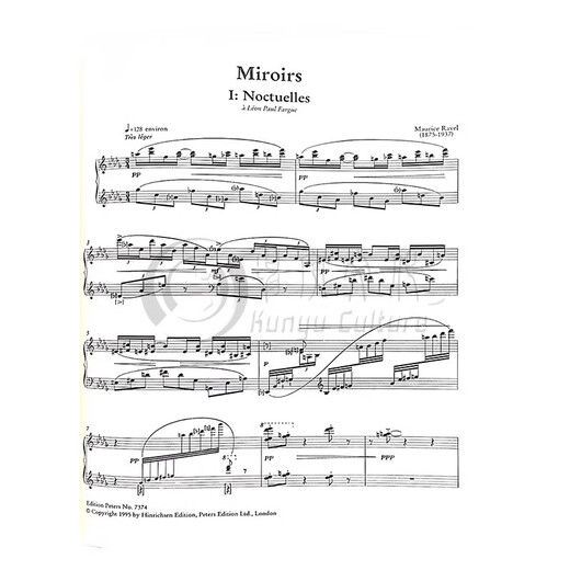 拉威尔 镜子 钢琴独奏 彼得斯原版进口乐谱书 Maurice Ravel Mirrors for Solo Piano EP7374