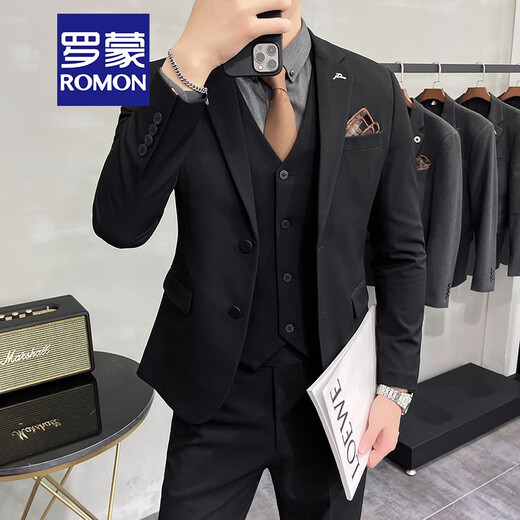 罗蒙（ROMON）轻熟风休闲大码西服套装男韩版修身两粒扣三件套通勤商务小西装潮 中灰色【西装+马甲+西裤】 2XL (建议135-145斤内)