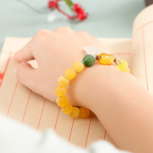 Longyin Natural Beeswax Bracelet Men's Pixiu Amber Bracelet Women's Gold Twist Honey Buddha Beads Rosary Bucket Beads Birthday Gift YJ 8*9mm Bucket Beads White Jade Style