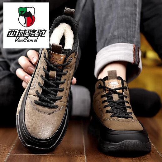 西域骆驼（VANCAMEL）棉鞋男2025冬季新款真皮加绒加厚羊毛雪地靴男士保暖休闲高帮男鞋 XG9852卡其加绒款 38 标准皮鞋尺码
