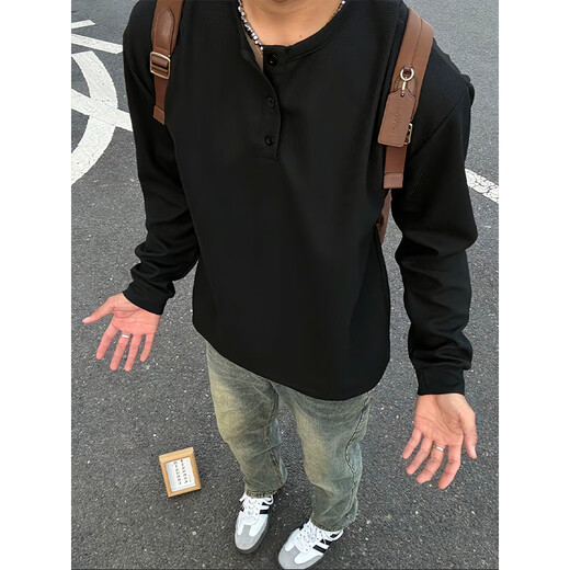 Digada American Henry Neck Waffle Waffle Sweatshirt Men's Men's Spring and Automne and Winter Plus Fleece Underpants T-shirt long à manches longues décontractées
