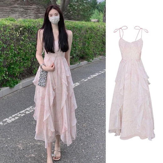 
Odihui French dress women's 2025 summer new first love gentle style floral suspender skirt women's clothes set pink cardigan + suspender skirt M