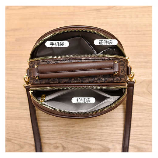Gege Pocket Bag Damenbeutel Geschenk neuer klassischer Retro gedruckter kleiner runde Tasche modische One-Shoulder Crossbody-Tasche für Freundin Kaffee Farbe