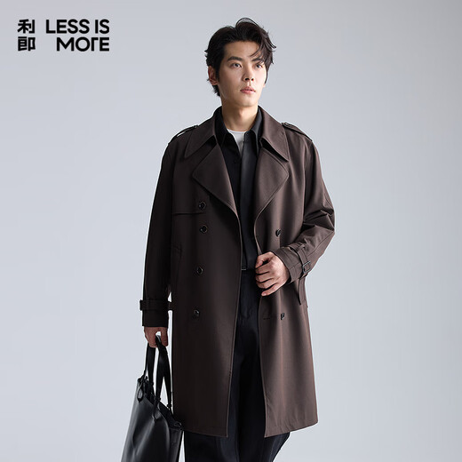 Lilang Polyester-Spandex Blended Windbreaker Men's Fashionable Textured Lapel Double-breasted Long Jacket Brown XL (175)