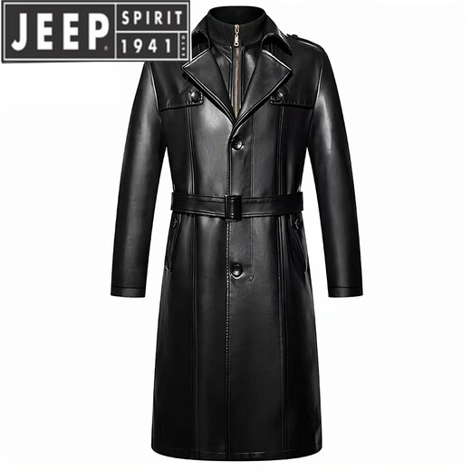 JEEP SPIRIT long knee-length leather jacket for men, down-lined leather windbreaker, winter jacket, sheepskin coat, genuine leather down jacket, plus fleece, detachable inner collar and inner placket, 5XL/200 size