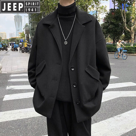 JEEP Men's Casual Windbreaker Spring and Autumn British Style Short Woolen Jacket Trendy Men Youth Loose and Handsome Brand Men's Clothing Black XL Follow the store for priority delivery