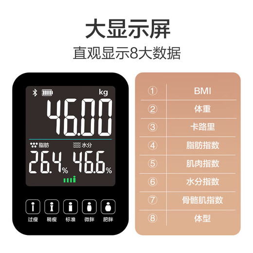 香山 智能体脂秤精准体重秤 大屏显示【Type-C充电款】 电子秤人体家用秤体脂称重 22项核心数据 云汐