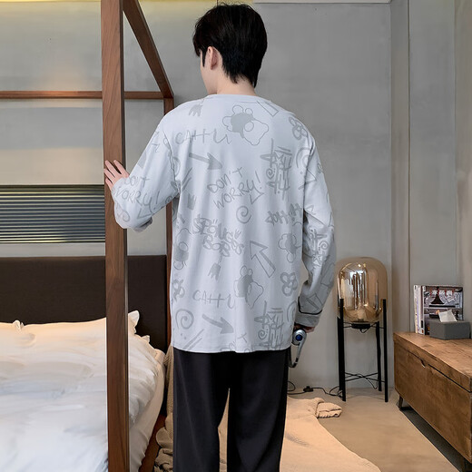 猫人男士睡衣长袖长裤纯棉春秋季可外穿宽松可爱青少年家居服套装 9906 L ( 建议体重120-140斤)