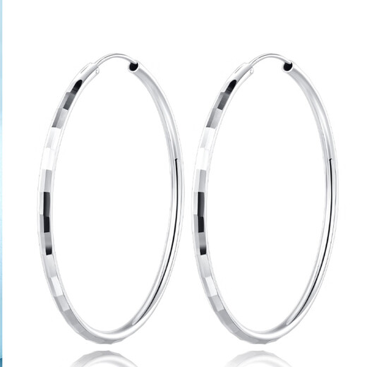 Jiuchangshi Mirror Square 999 Sterling Silver Earrings Women's Round Tube Flower Large Circle Earrings Women's Trendy Versatile Earrings 999 Pure Silver 40mm