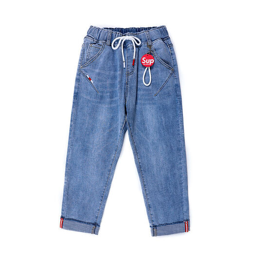Versión grande y simple de jeans de siete puntos de cintura elástica de la cintura alta para mujeres sueltas de verano delgada mujeres elásticas de 7 puntos calzones delgados 3523# azul claro accesorios delgados de siete puntos 26