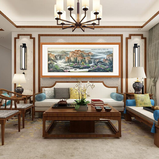 Jiji Furniture Fushan Jubao hand-painted calligraphy and painting authentic Chinese style living room landscape cornucopia hanging painting Chinese painting ink painting elegant terracotta solid wood frame four feet (frame size 80*160cm)