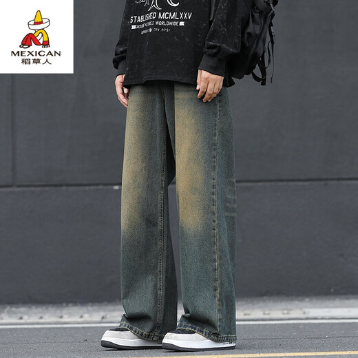 Vogelscheuche (mexikanische) Herrenwaschungsjeans für Jungen gerade locker 2024 neue drapierte Weitbeinhosen für Männer Winter plus Samt 1047 Nostalgische Farbe s