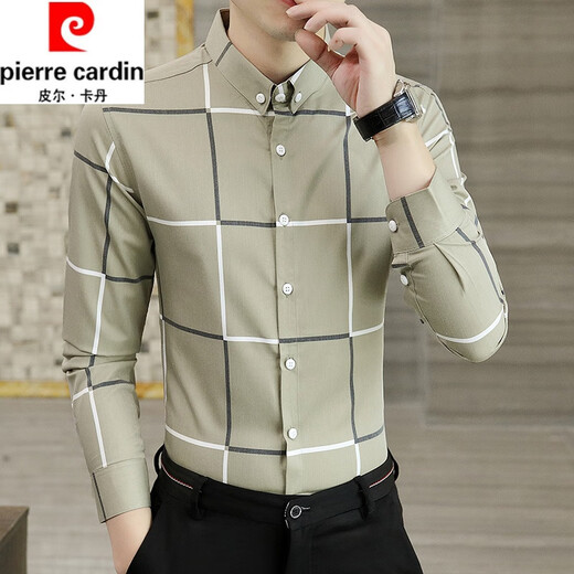 Pierre Cardin Men's Plaid Shirt Spring and Automne Minure Veste à manches longues Mature Business Casual Slim Mid-Marseved Luxury Shirt Men White 9922 Plaid Shirt M