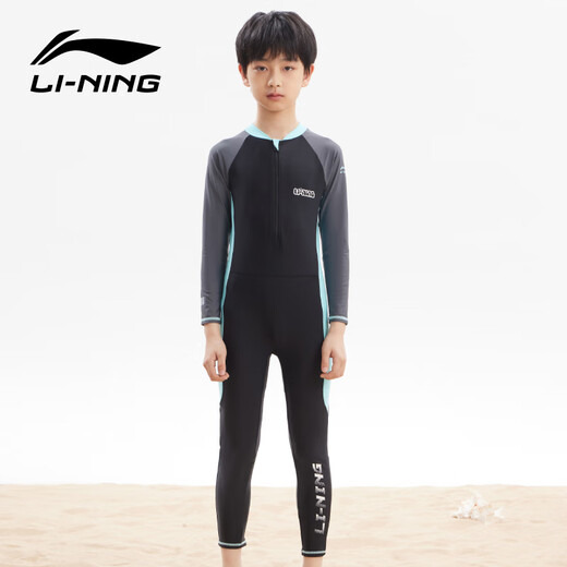 李宁（LI-NING）儿童泳衣连体长袖温泉沙滩防晒男童冲浪服训练游泳装8793黑绿170
