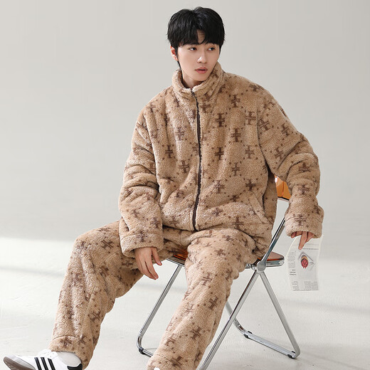 Tessgus Coral Velvet Pajamas Men's Winter Plus Velvet Thickened Suit Casual Large Size Couple Pajamas Flannel Women's Home Clothes Khaki - Men's L