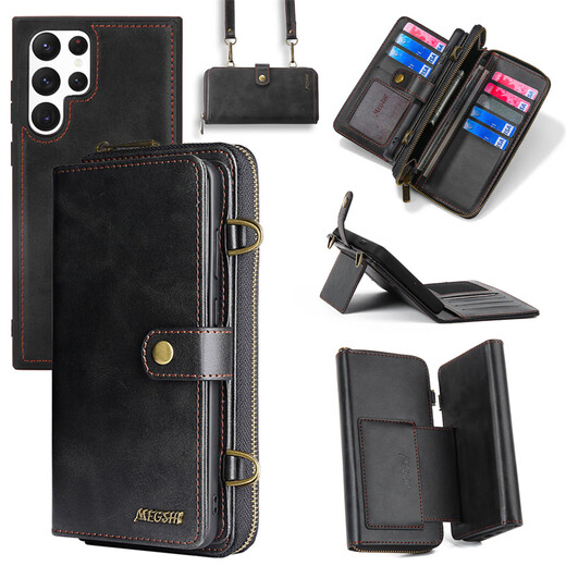 S23ultra Mobiltelefon Hülle Leder schräg Lanyard Samsung S22+ Brieftasche Flip Multifunktionskarte Mezzanine S21FE Full Cover Anti-Fall-Schutzhülle Business Red Samsung S23+