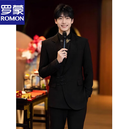 ROMON high-end new Chinese style Zhongshan suit jacket for men engaged groom wedding Chinese style suit dress Tang suit black two-piece suit jacket + pants XL