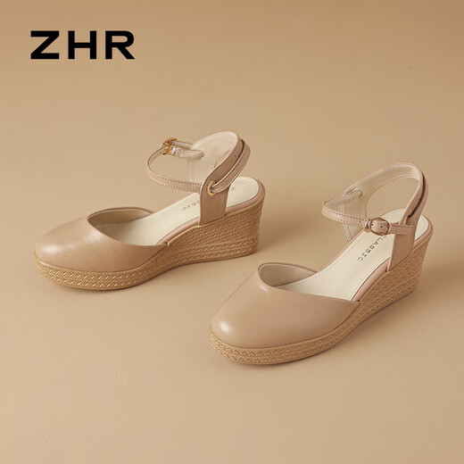 ZHR sandals for women, lightweight cowhide shoes for women, round toe heightening, heeling, women's series S223 nude color 37