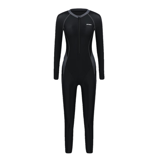 Swimming suit for women, one-piece long-sleeved trousers, sun protection, quick-drying, conservative hot spring jellyfish suit, snorkeling and surfing wetsuit for women, black and gray free swimming cap, earplugs and nose clip M M80-100Jin Jin is equal to 0.5 kg