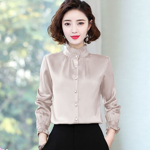 常缕竺广东普宁女士衬衫立领女长袖新款2024春秋季洋气质雪纺上衣打底衫 5012杏色 均码 s 建议80-95斤