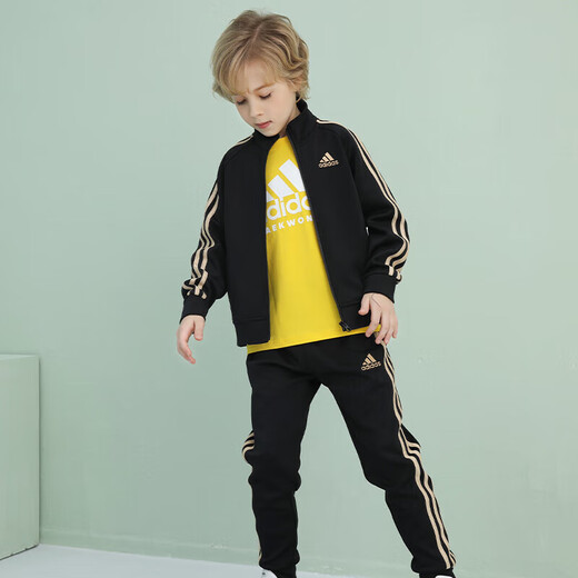 Adidas Spring и осенний набор детских спортивных наборов Новый открытый отдых на открытом воздухе брюки с двумя частями Black/Gold 116