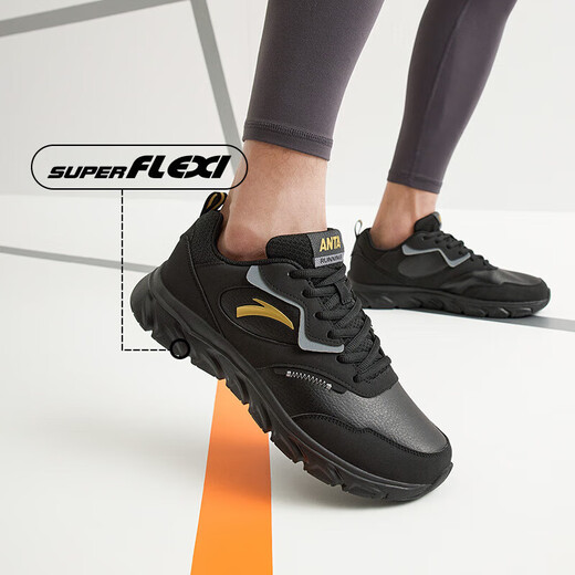 ANTA men's shoes leather surface water-repellent running shoes men's black lightweight non-slip casual shoes spring and autumn sports shoes travel shoes for men