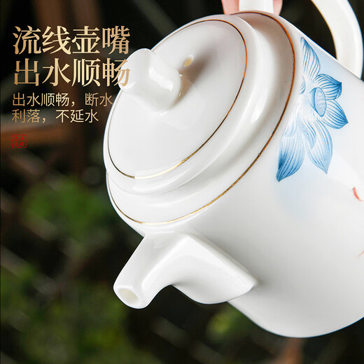 Xiangye mutton-fat jade porcelain teapot single pot Chinese-style household teapot for one or two people teacup ceramic Kung Fu tea set mutton-fat jade porcelain fish play lotus well railing pot