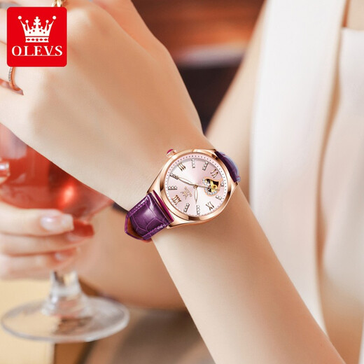 
OLEVS Swiss certified brand watch women's mechanical watch fully automatic waterproof luminous women's watch hollow diamond-set fashion watch OLEVS-6636-Purple rose shell powder