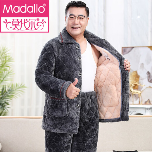 莫代尔睡衣男士冬季加厚加绒珊瑚绒三层夹棉保暖中老年爸爸家居服秋冬款 C9922#黑灰色男【长毛绒】 L【100-125斤】三层加厚 3层