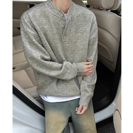 Yiran's sweater men's winter American high street Henley collar loose casual sweater for men with long-sleeved bottoming sweater Gray M Recommended 80-100Jin Jin is equal to 0.5 kg