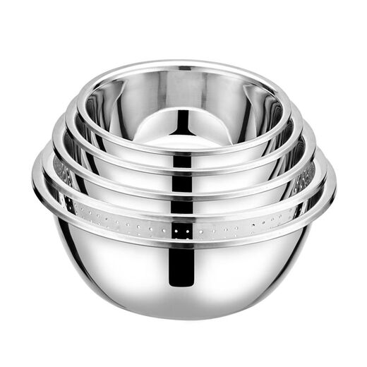 Yongcai five-piece set stainless steel thickened vegetable basin leaky basin vegetable basin rice washing basin round basin five-piece set (4 solid basins + 1 leaky basin) large size 22-24-26-28-30